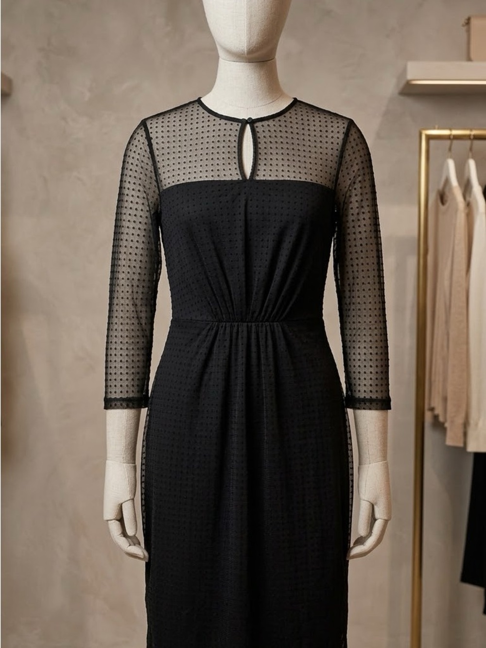 French Connection Black Sheer Swiss-Dot Long Sleeve Midi Dress